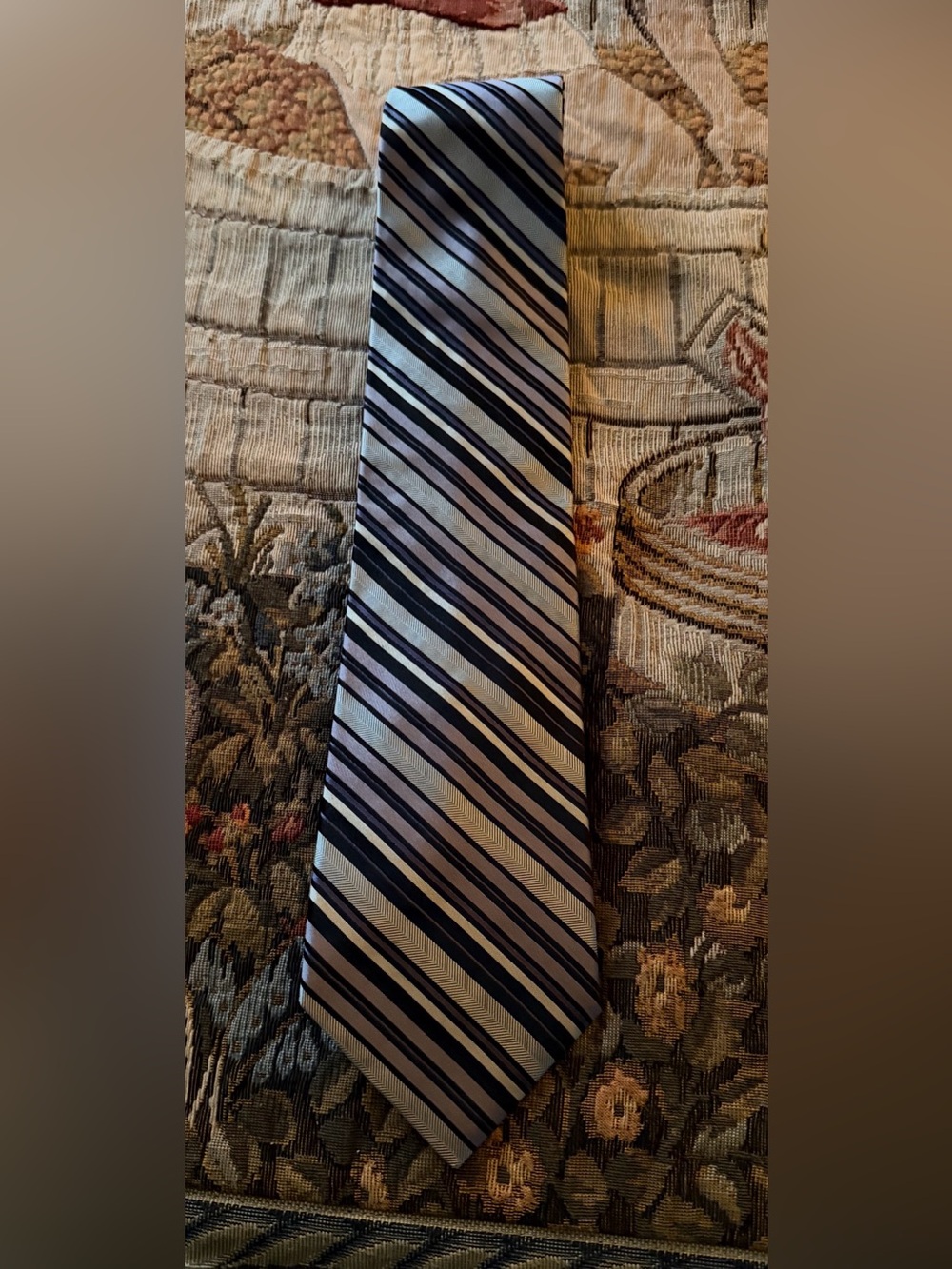 Men's Classic Striped Necktie in Silver and Navy - DKNY